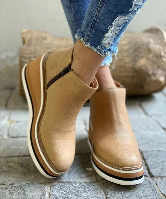 Dame Læder Lav Ankelstøvle Platform med Sidezipper Chunky Sål og Rund Tå