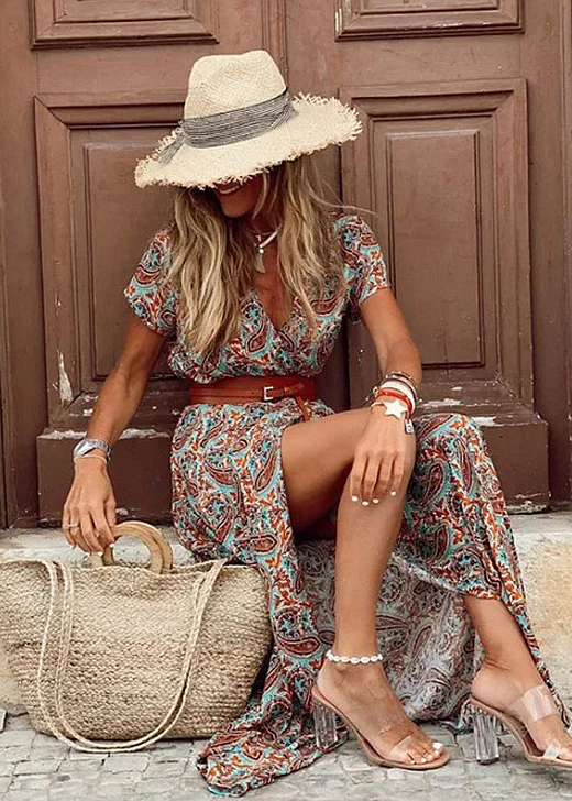 Strandkjole Maxi | Luftig Boho Sommerkjole med Bælte & Blomsterprint