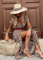Strandkjole Maxi | Luftig Boho Sommerkjole med Bælte & Blomsterprint