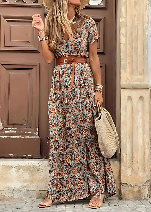 Strandkjole Maxi | Luftig Boho Sommerkjole med Bælte & Blomsterprint