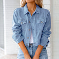 Cropped Denim Jakke Dame | Langærmet Knap Jakke med Brystlommer
