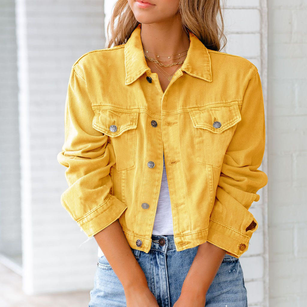Cropped Denim Jakke Dame | Langærmet Knap Jakke med Brystlommer