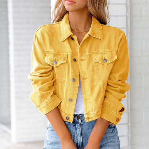 Cropped Denim Jakke Dame | Langærmet Knap Jakke med Brystlommer