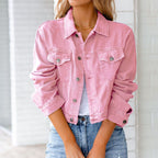 Cropped Denim Jakke Dame | Langærmet Knap Jakke med Brystlommer