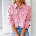 Cropped Denim Jakke Dame | Langærmet Knap Jakke med Brystlommer