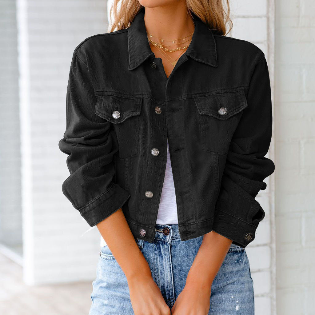 Cropped Denim Jakke Dame | Langærmet Knap Jakke med Brystlommer