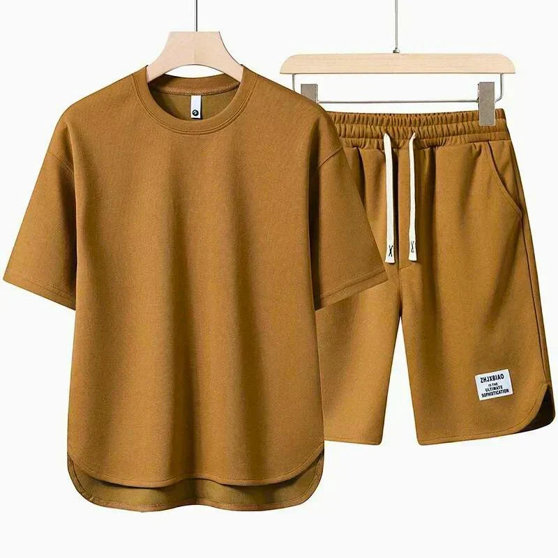 Herre To-delt Casual T-shirt og Shorts Sæt med Snoretræk i Taljen