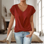 Casual T-Shirt Dame med V-Hals | Twist Detalje Hverdagsbluse med Korte Ærmer