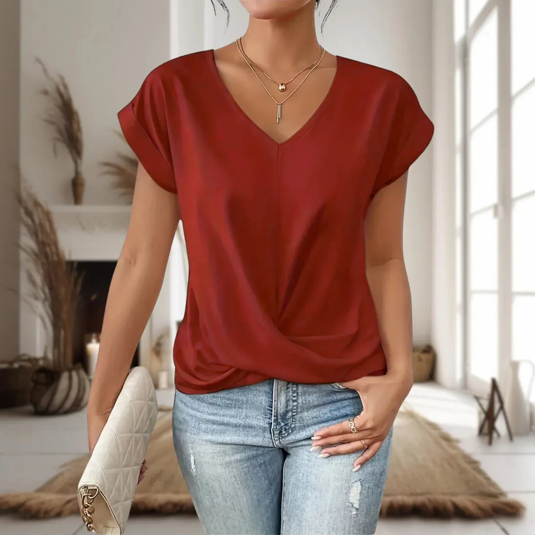 Casual T-Shirt Dame med V-Hals | Twist Detalje Hverdagsbluse med Korte Ærmer