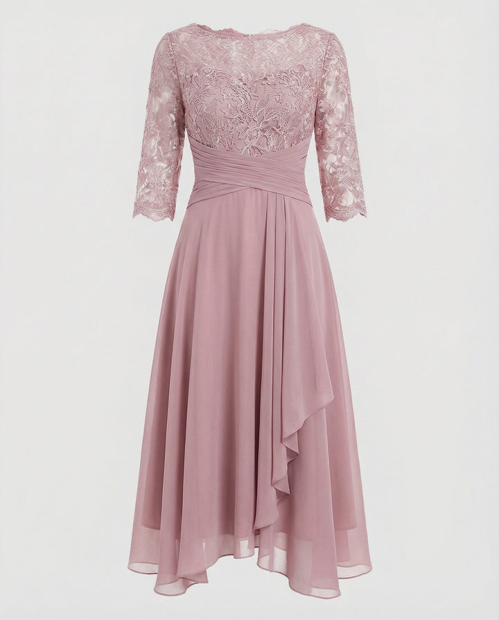Midi Kjole med Blonde & Chiffon Slæbeskørt | Dimissions- & Bryllupsgæstkjole