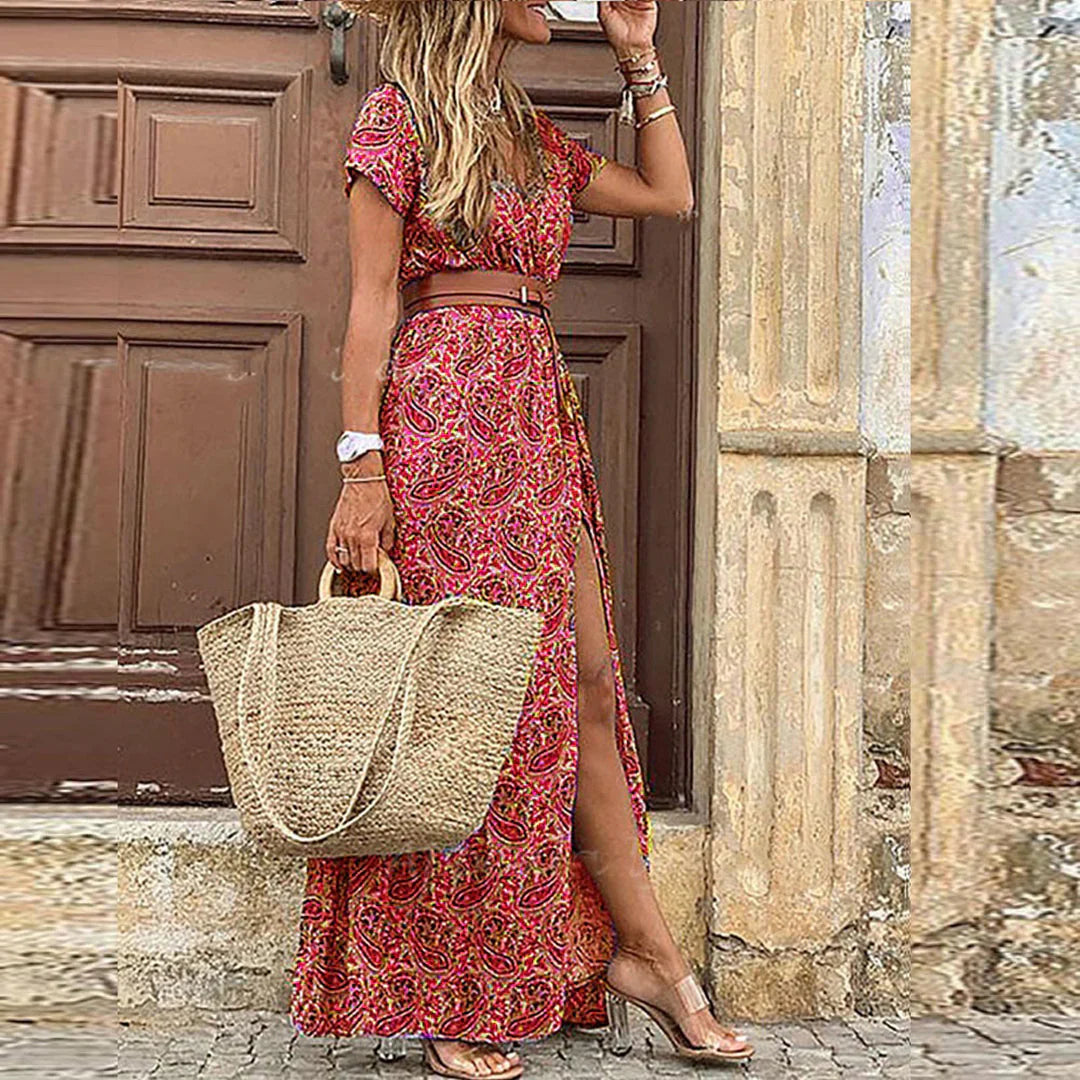 Strandkjole Maxi | Luftig Boho Sommerkjole med Bælte & Blomsterprint