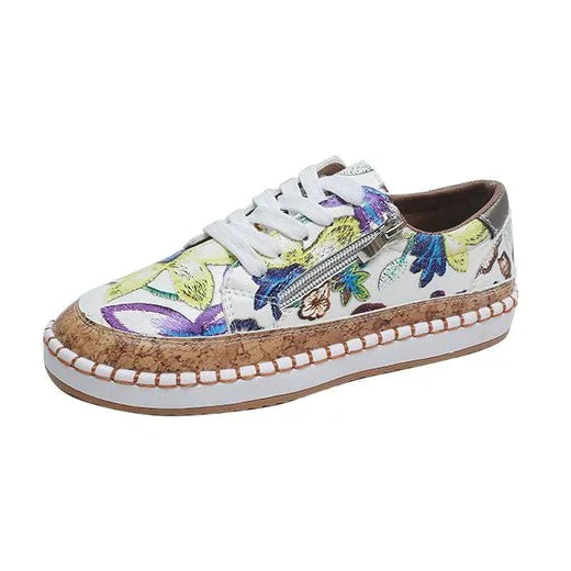 Broderede Slip-On Flats med Blomsterbroderier | Korkplatform Sål og Sidezipper
