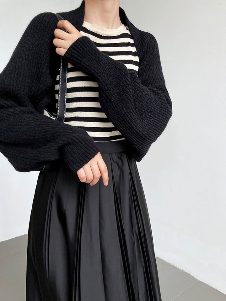 Strikket Shrug Cardigan med Ballonærmer | Kort Åben Front Cardigan til Hverdagsbrug