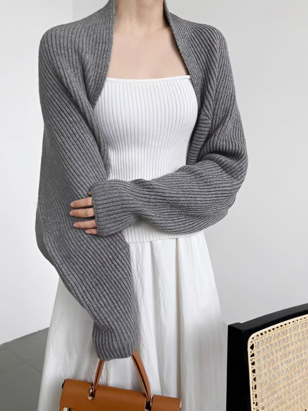 Strikket Shrug Cardigan med Ballonærmer | Kort Åben Front Cardigan til Hverdagsbrug