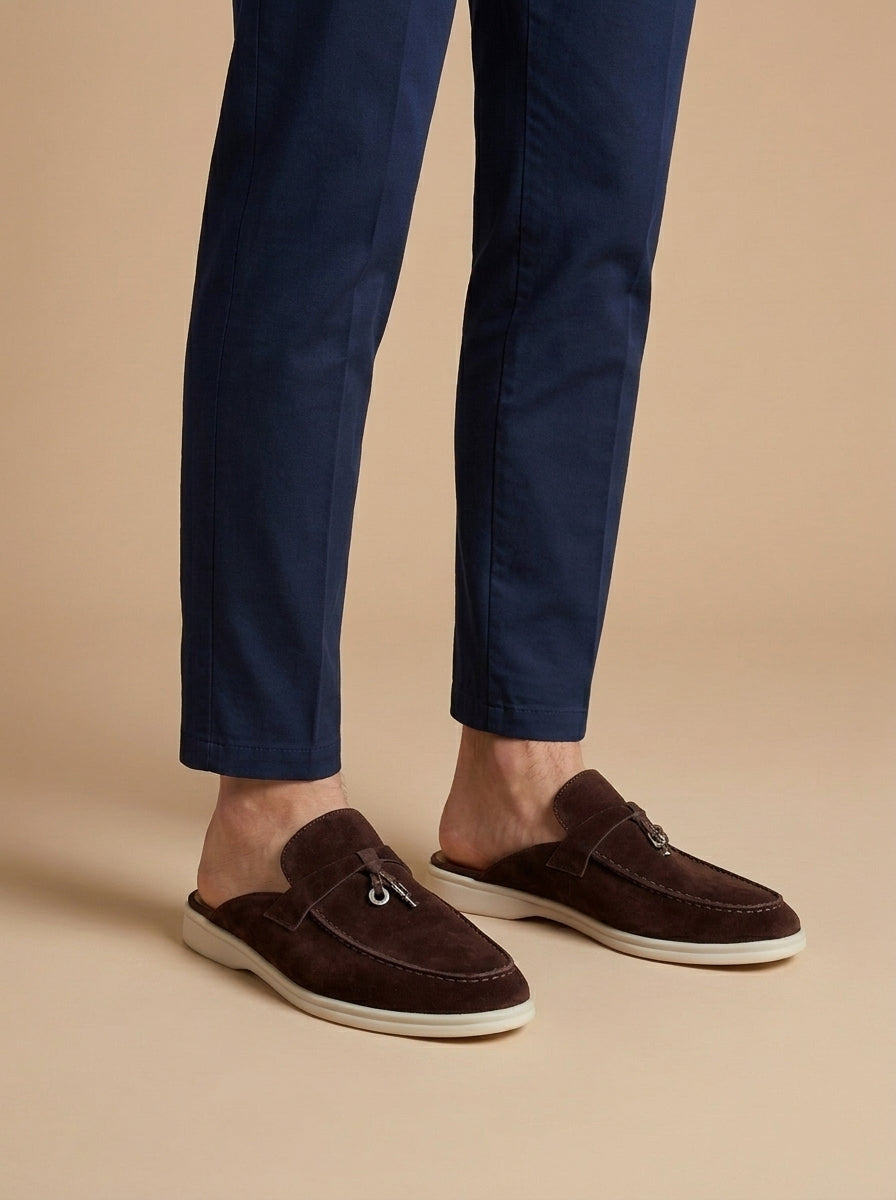 Herre Suede Mule Loafers - Åben Bag - Metal Bar Detalje - Flad Gummisål