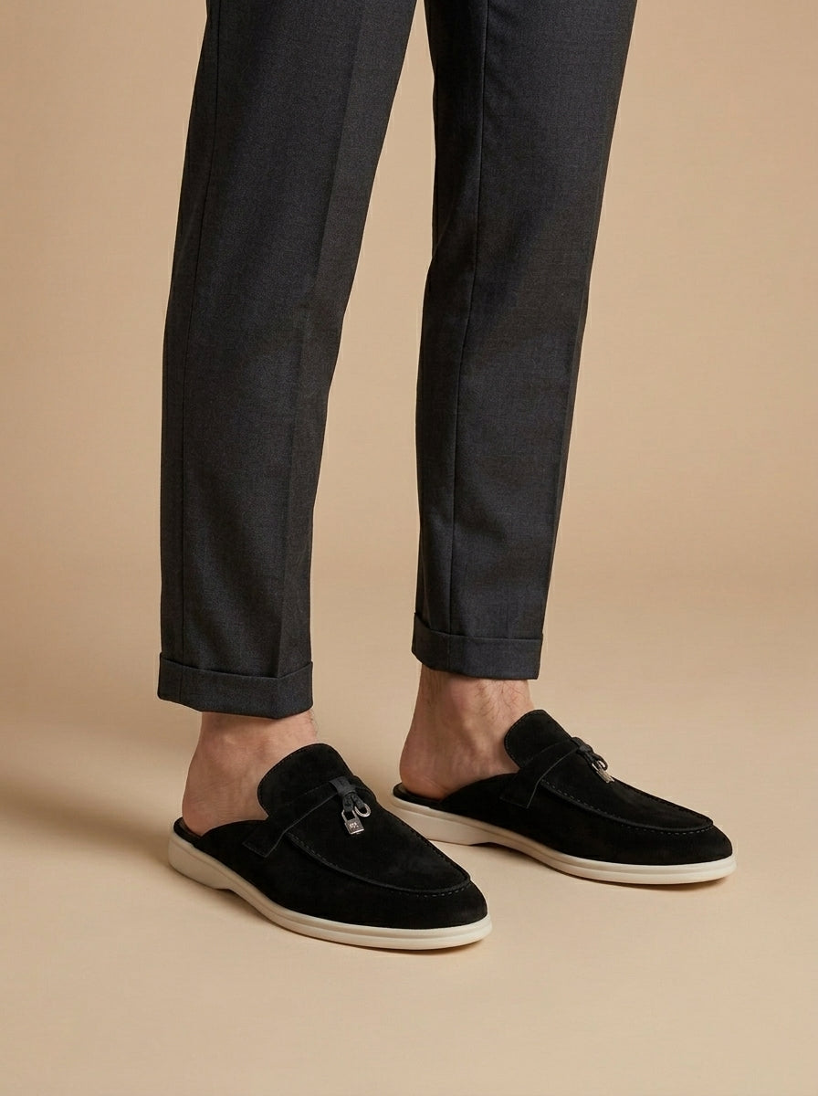 Herre Suede Mule Loafers - Åben Bag - Metal Bar Detalje - Flad Gummisål