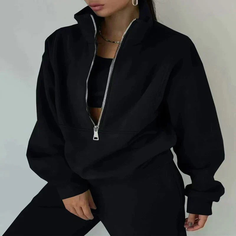 Dame 2-delt Tracksuit Sæt med Halv-Zip Pullover og Joggers