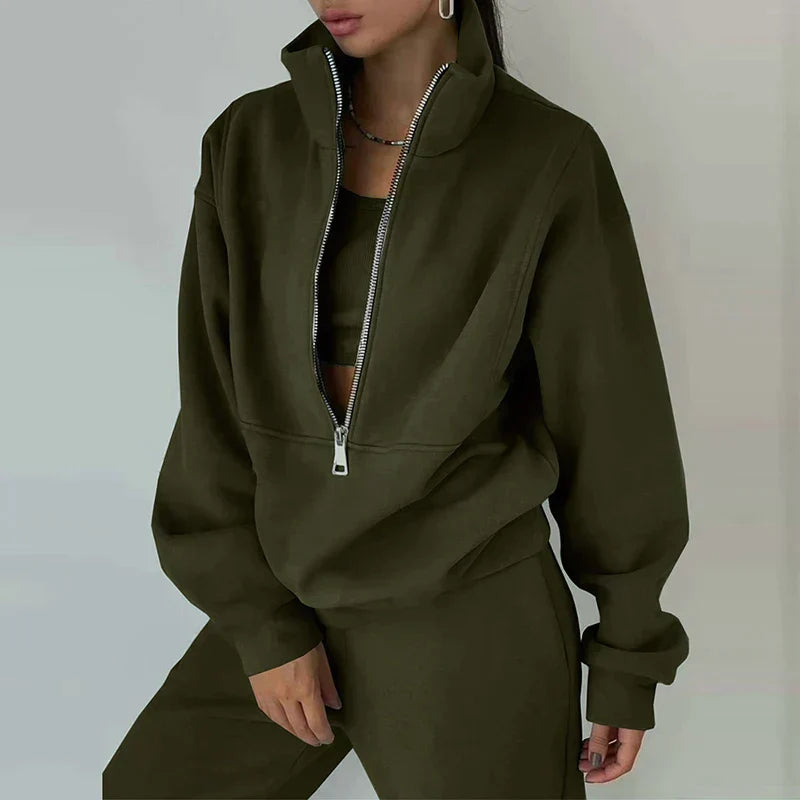 Dame 2-delt Tracksuit Sæt med Halv-Zip Pullover og Joggers